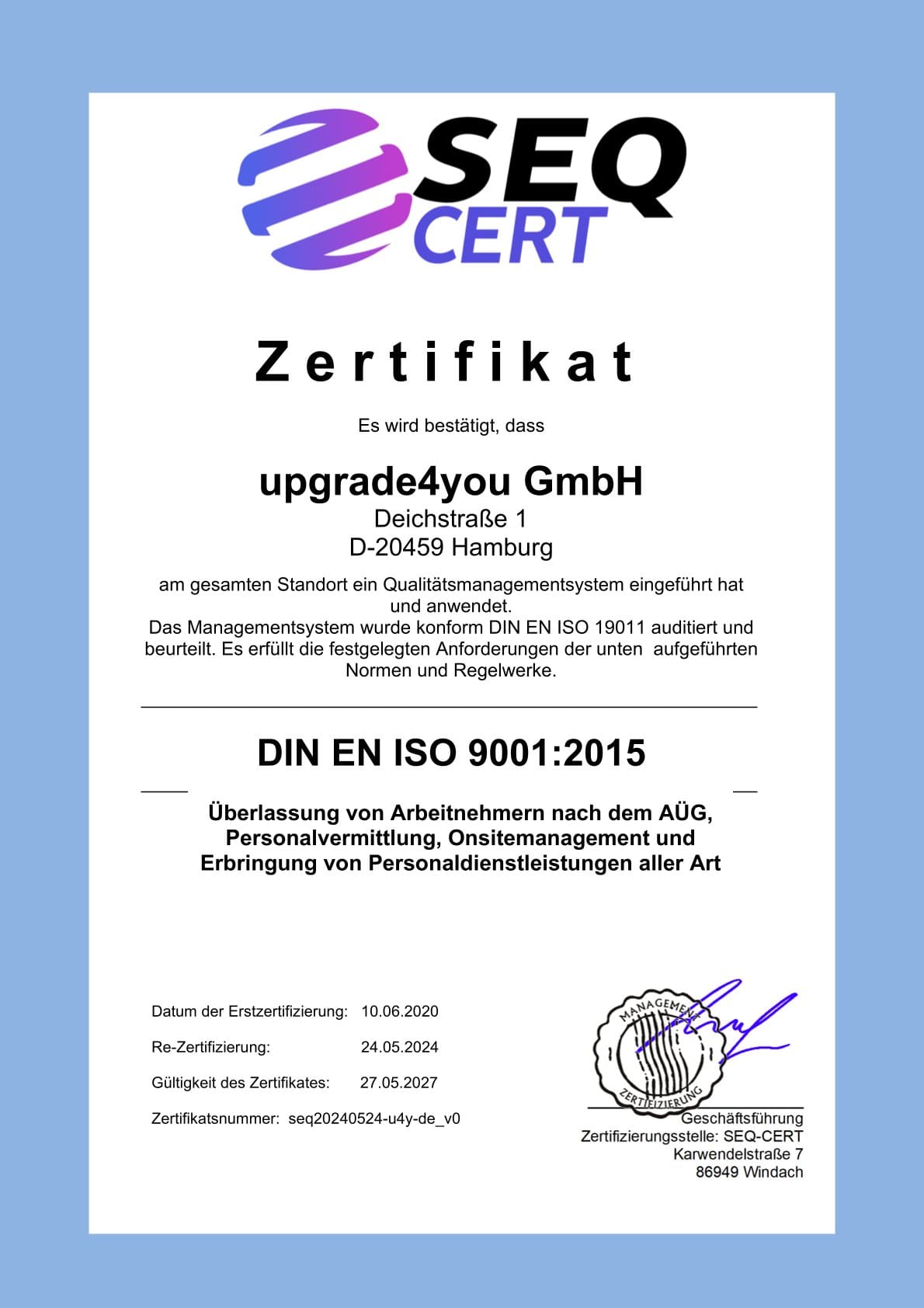 ISO 9001:2015 Qualitätsmanagement-Zertifizierung